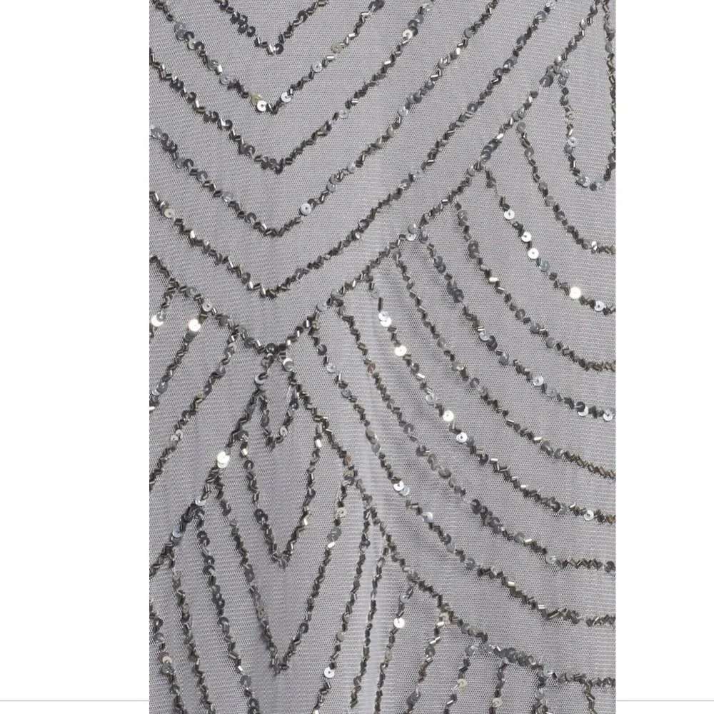 NEW Adrianna Papell Art Deco Beaded Blouson Gown in‎ Silver/Grey [SZ 6 ]